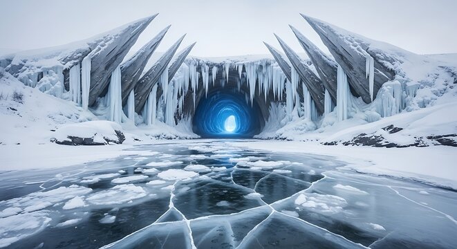 Mysterious Blue Glowing Portal in an Arctic Ice Cave. - Powered by Adobe