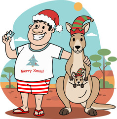Australian tourist with kangaroo and a joey at Christmas. Modern clean vector illustration of a cheerful tourist in Xmas hat with a friendly kangaroo with joey in elf hats. Australian holiday season