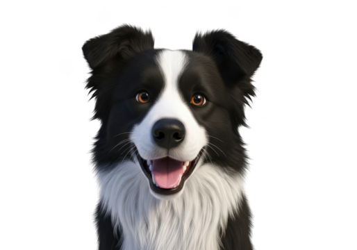 Close up portrait of a happy border collie dog with detailed fur, isolated isolated on transparent background