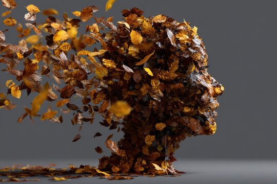 Human silhouette with falling autumn leaves fading identity theme