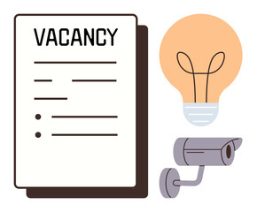 Employment application form, security camera, and light bulb symbolizing opportunity, ideas, and monitoring. Ideal for recruitment, innovation, surveillance, business career creativity
