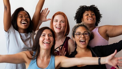 Group of diverse fitness women joyfully celebrating. Smiling diverse fit women, happy expressions....
