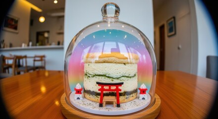 Fototapeta premium Japaneese cheesecake delicious layered matcha cake decorated with a miniature red torii gate and small decorative elements, presented under a glass cloche on a wooden table in a bright cafe setting