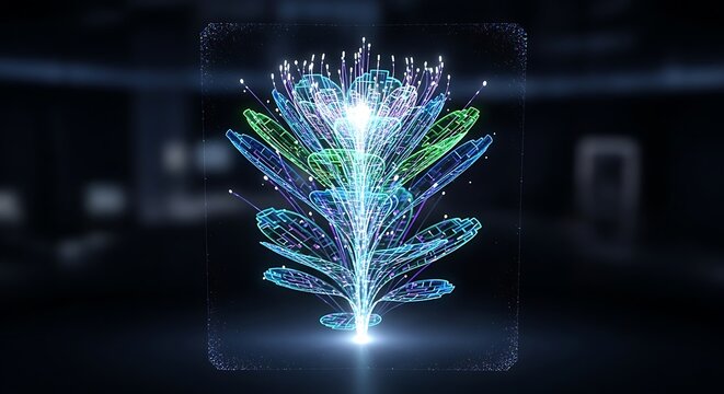 Abstract digital glowing plant sculpture with vibrant blue and green lights against a dark background - Powered by Adobe