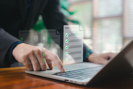 A business professional managing multiple digital checklist documents on a laptop with floating task panels, symbolizing workflow organization, approval processes, productivity, modern documentation