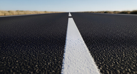 Wide view of an empty asphalt road with a clear white center line stretching into the horizon under a blue sky perfect for travel and transportation themes