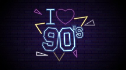 loop animation of a neon sign reading i love 90s. I love 90s neon sign glowing retro declaration, perfect for nostalgic content, music posters, vintagethemed designs, and social media graphics.