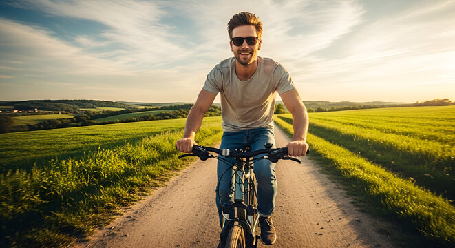Young man riding a bicycle on a rural dirt path through lush green fields during sunset with a joyful expression and casual attire for outdoor leisure activity - Powered by Adobe
