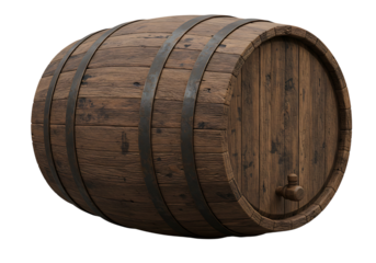 Rustic wooden barrel with metal bands and spigot