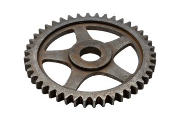 Rusted metal gear with five spokes against black background iron, Isolated On White Background, Png Transparent