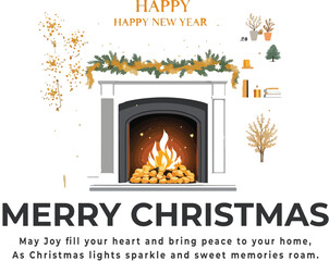 Christmas and New Year greeting vector with festive fireplace, gifts, tree, garland, and seasonal message
