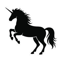 Obraz premium Majestic black unicorn silhouette rearing on its hind legs, a mythical creature symbolizing magic and purity