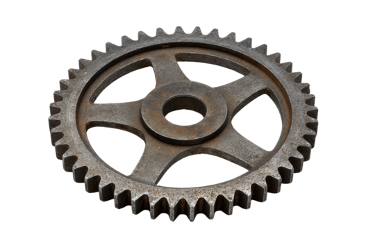 Rusted metal gear with five spokes against black background iron, Isolated On White Background, Png Transparent