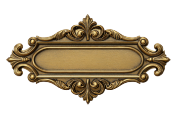 Ornate golden oval plaque with decorative flourishes on black scroll, Isolated On White Background, Png Transparent