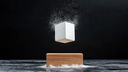 A white cube appears to be levitating above a wooden block, with a burst of white powder exploding around it. The background is dark, creating a dramatic effect