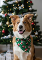 A happy brown and white dog wearing a festive green bandana sits in front of a decorated Christmas tree.