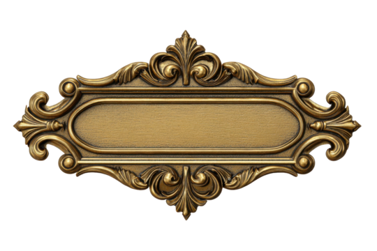 Ornate golden oval plaque with decorative flourishes on black scroll, Isolated On White Background, Png Transparent