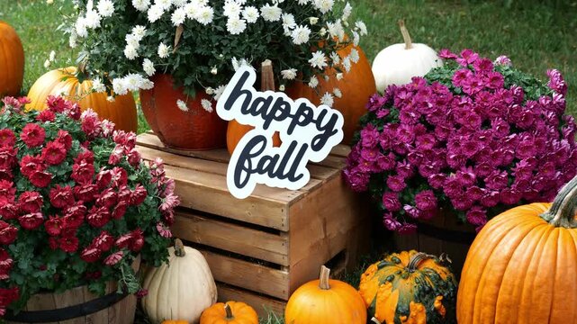 Person sets the wording Happy Fall on a wood crate surrounding by pumpkins and mums in the fall Autumn 4K Video Stock Footage