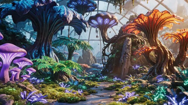 Futuristic alien botanical garden viewed through a slowly opening airlock door