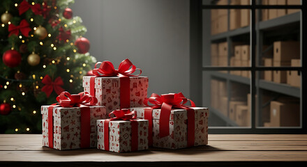 decorated merry christmas table with gifts boxes in warehouse interior background many presents wrapped with red ribbons and letters on desk in storage xmas postal shipping, gift boxes with red ribbon