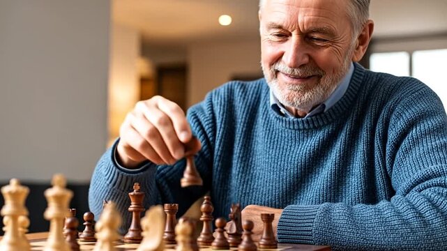 Chess Master's Contemplation: An elderly gentleman concentrates intently, thoughtfully moving a chess piece during a strategic game.