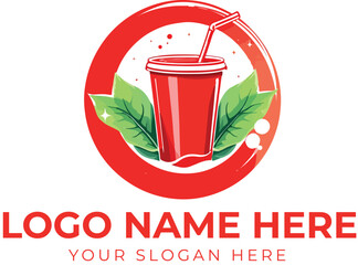 Juice or smoothie logo vector with red cup, green leaves, berries, and circular frame for fresh beverage branding