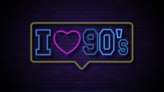 loop animation of a neon sign reading i love 90s. Neon sign declaring love for 90s, great for nostalgic designs. Perfect for social media posts, websites, and retrothemed projects.