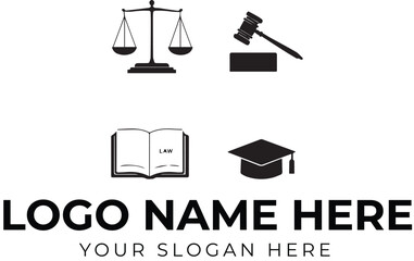 Law and education logo vector with justice scale, gavel, law book, and graduation cap icons for institutional branding
