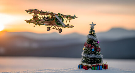 Small airplane flying over decorated Christmas tree with gifts  