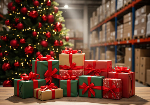 decorated merry christmas table with gifts boxes in warehouse interior background many presents wrapped with red ribbons and letters on desk in storage xmas postal shipping, gift boxes with red ribbon