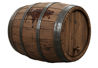 Vintage wooden barrel with dripping liquid, aged charm