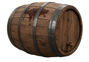 Vintage wooden barrel with dripping liquid, aged charm