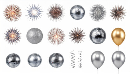 Festive Celebration Elements - Fireworks, Disco Balls, and Balloons.