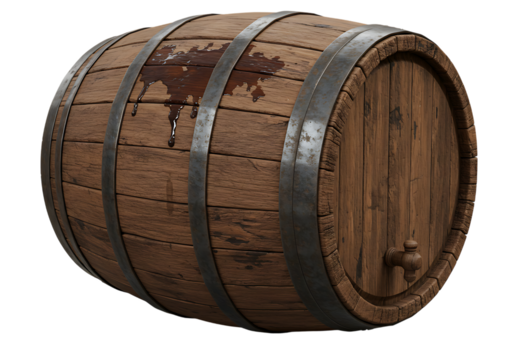 Vintage wooden barrel with dripping liquid, aged charm