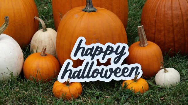 Person sets the wording Happy Halloween on a Pile of Pumpkins at a Pumpkin Patch 4K Video Stock Footage