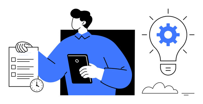 Productivity concept. Productivity focused on task organization, efficient workflow, and goal achievement. Productivity illustrated with checklist, clock, individual, and creative ideas. Ideal