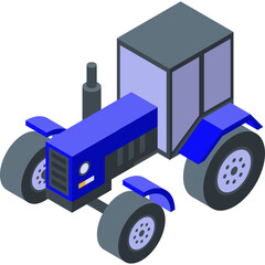 Isometric Blue Tractor Icon With Gray Cabin and Black Wheels On A Transparent Background Suitable For Agricultural Themes And Farming Equipment Illustrations