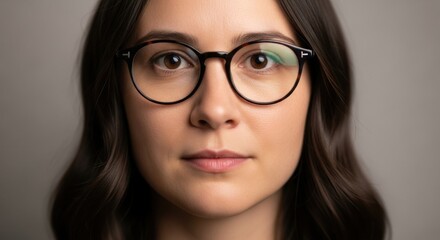 Fototapeta premium Close-up portrait of a young woman with glasses exhibiting calm