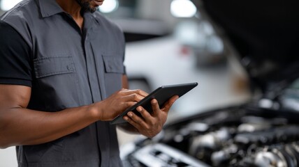 A man is using a tablet to look at a car engine