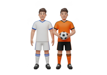 Two cartoon soccer players, one in white, one in orange, holding ball isolated on transparent background