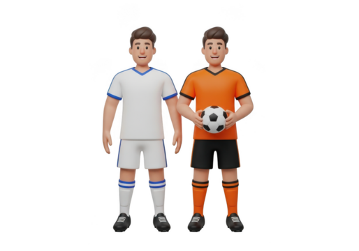 Two cartoon soccer players, one in white, one in orange, holding ball isolated on transparent background