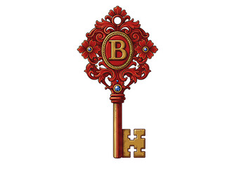 Ornate red and gold vintage key with letter B