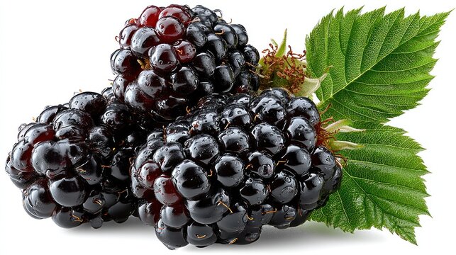 Close-up view of fresh blackberries with vibrant green leaves, showcasing juicy dark fruit and dew drops.