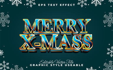 Merry Christmas 3D text effect in a shiny blue and gold metallic style. Editable vector graphic template for festive holiday greetings