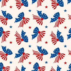 Seamless patriotic bow pattern in red, blue, and white with stars and stripes. Perfect for 4th of July, American holidays, crafts, and festive designs.