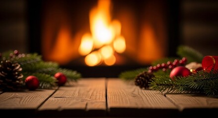 Christmas decorations on a wooden surface with a warm fireplace in the background.