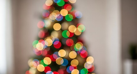 A festive Christmas tree, brightly illuminated with colorful, blurred lights.