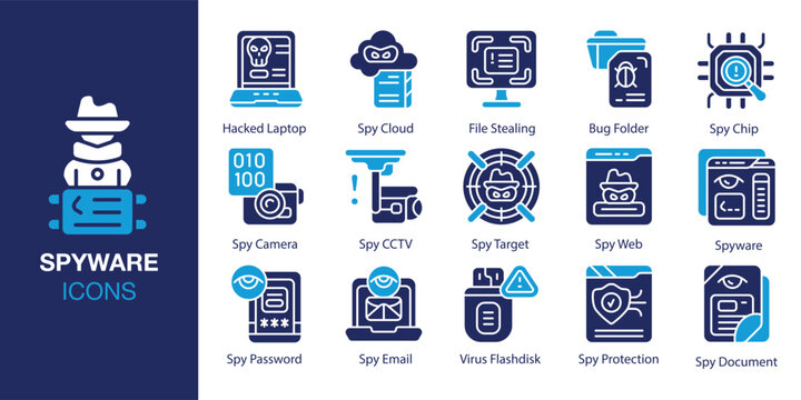 Spyware Icon set. Containing trojan, worm, adware, stalkerware, tracker and more. Solid vector icons collection. Vector illustration.