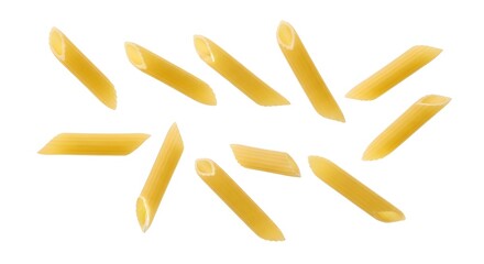 Golden Penne Pasta Arrangement: Close-Up Food Photography on White Background for Culinary Concepts and Recipe Illustrations.