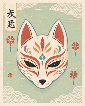 Vintage Japanese Kitsune Mask with Flowers Illustration